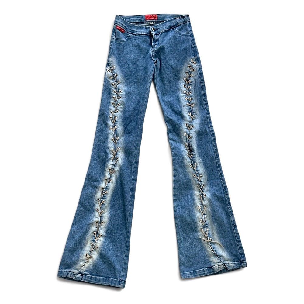 Y2K Low Rise Lace Up Flare Jeans Size XS Nubile Corset Grommet Whiskered 2000s